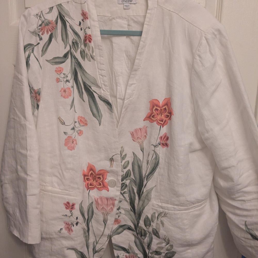 Chico's Elegant White Jacket with Floral Accents